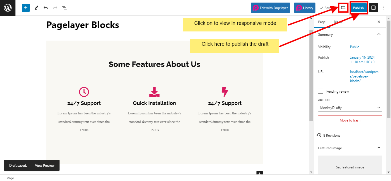 Pagelayer Publish Draft